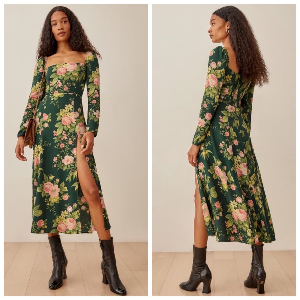 Reformation Sigmund Floral Long Sleeve Side Slit Midi Dress In Belvedere NWT